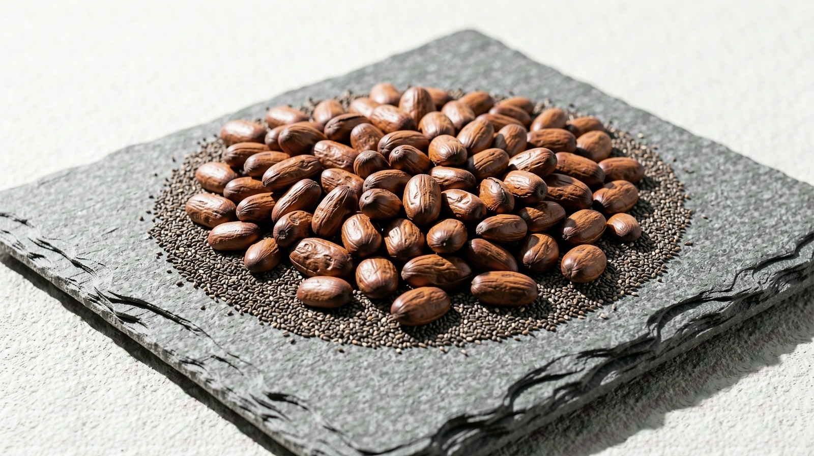 Cacao y chía en superficie de piedra